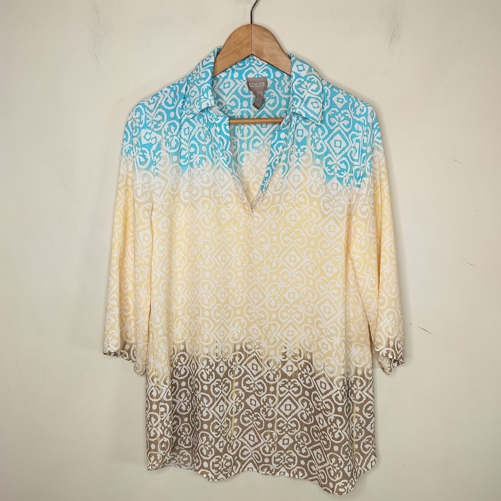 Chico's Tunic Top Ombre Floral Geo‎ 3/4 Sleeve